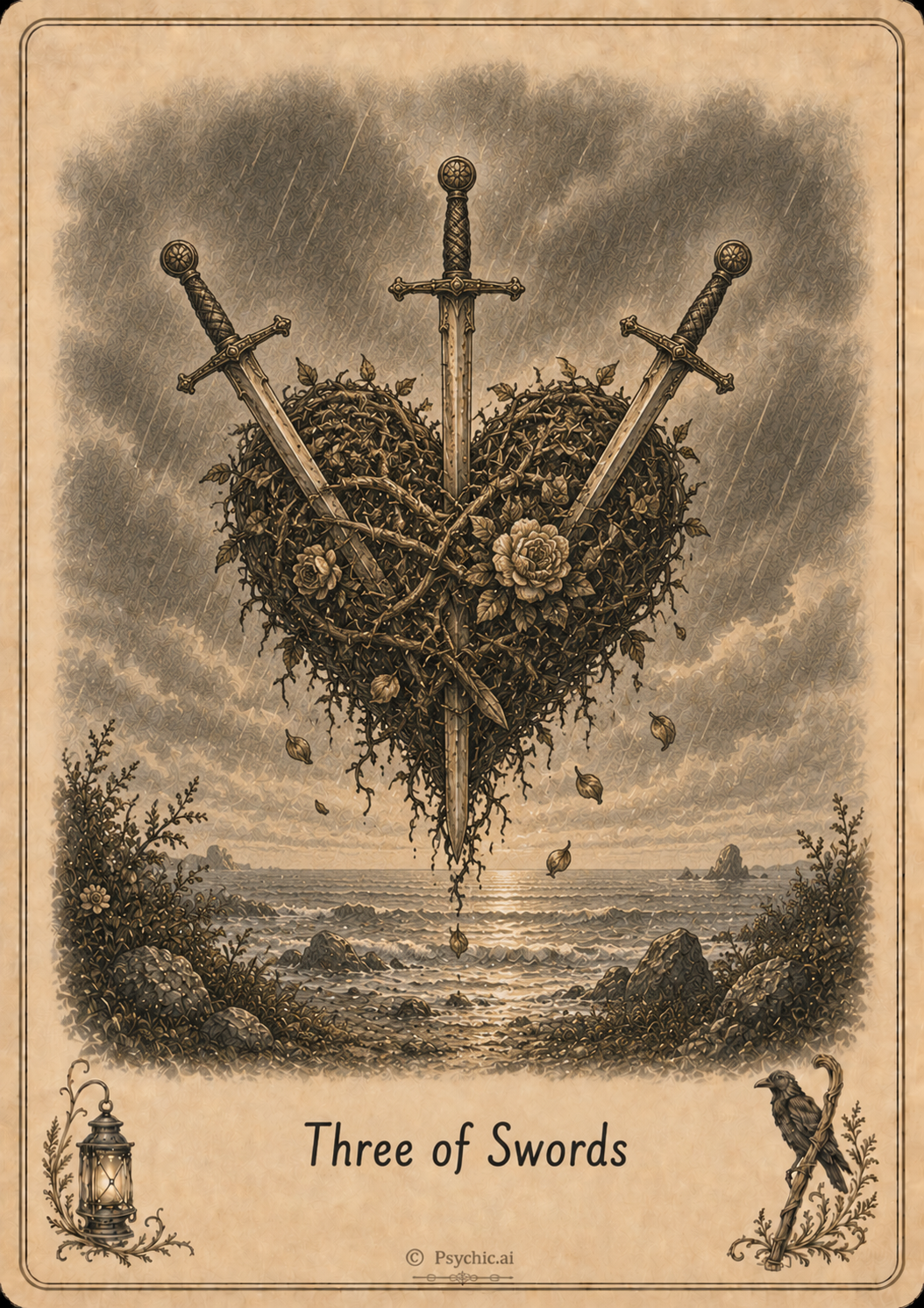 Three of Swords tarot card illustration